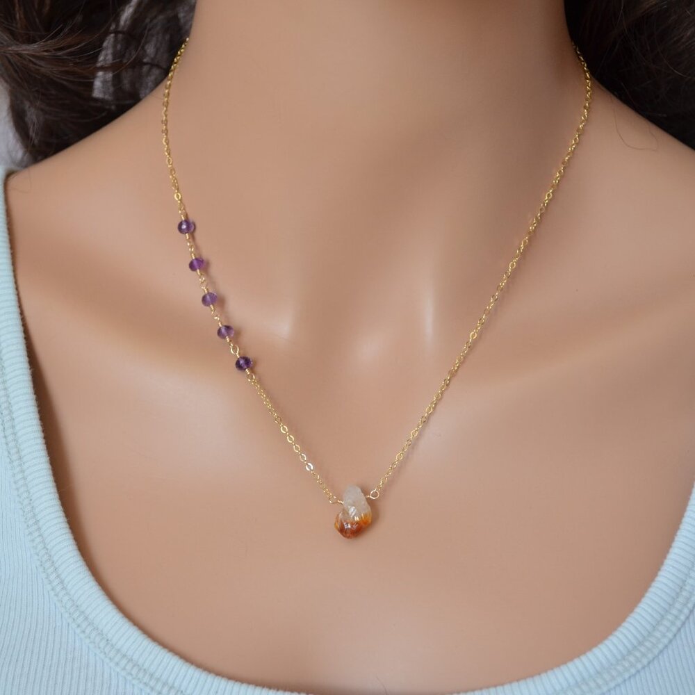 Raw Citrine and Amethyst Necklace in Gold
